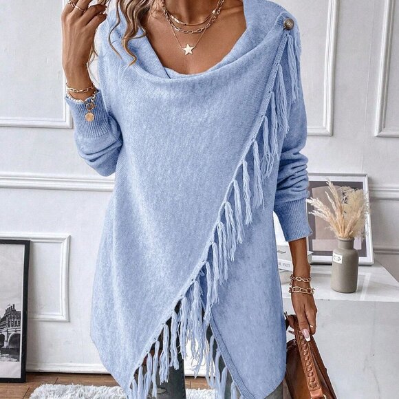 Sweaters - Blue Casual Women's Asymmetrical Long Sleeve Fringe Tassel Sweater Dress